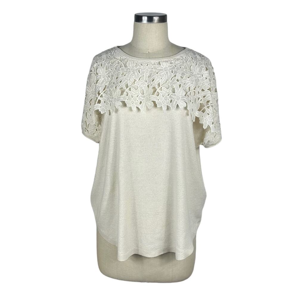 MAGASCHONI Cream White Floral Lace Short Sleeve Knit Sweater Women's Size Medium
